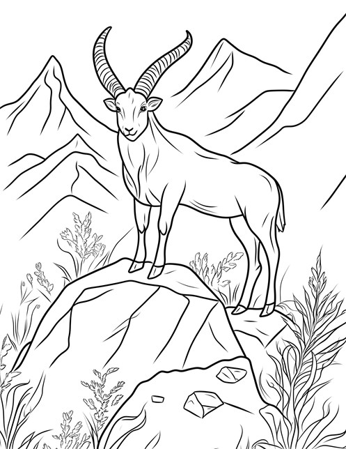 Mountain goat standing proudly on rock with mountains behind