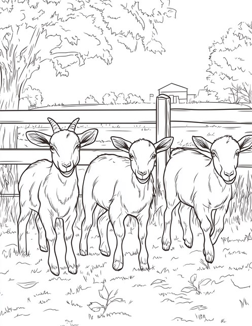 Three baby goats standing together by fence on farm