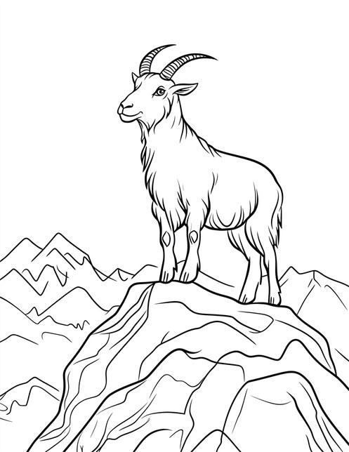 Mountain goat standing on peak with mountains in background