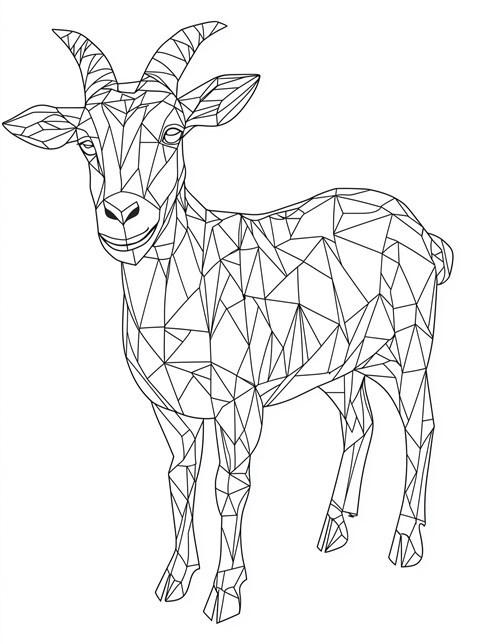 Geometric patterned goat standing facing forward with horns up