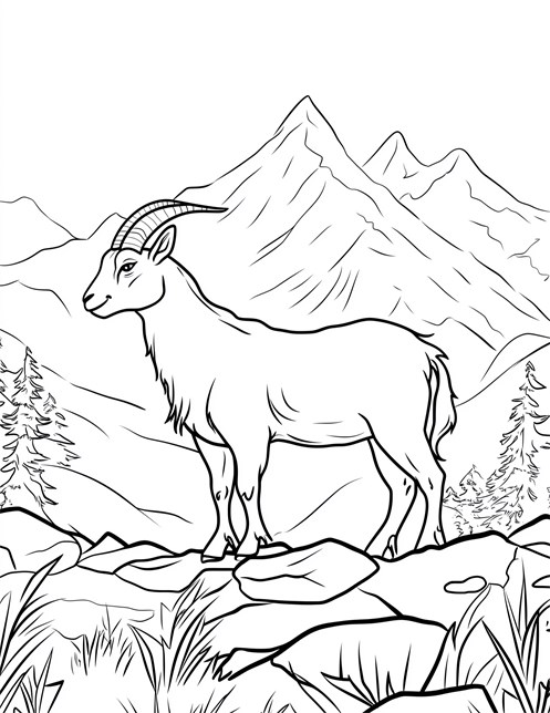 Goat standing on rocky ground with mountains in background