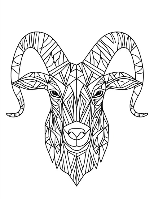 Detailed ram head with geometric patterns and big curved horns