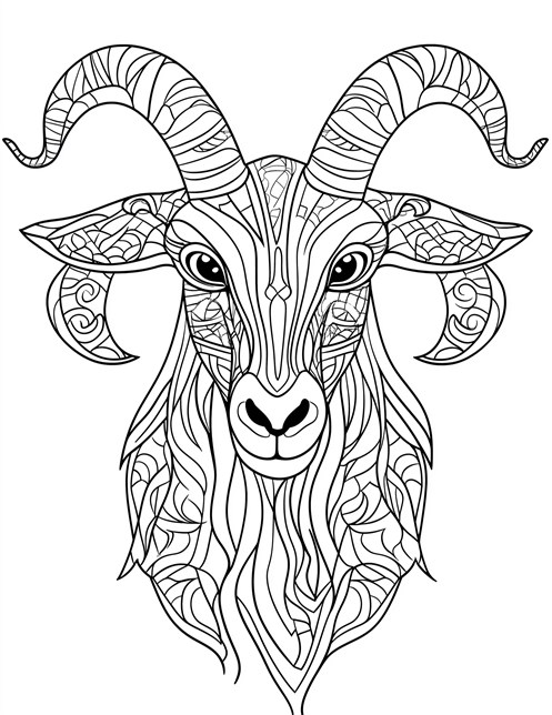 Goat head with elaborate swirling patterns and large curled horns