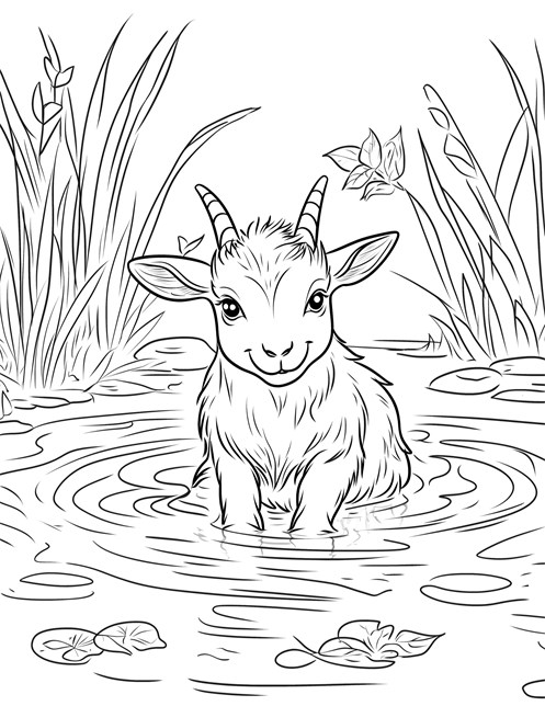 Goat sitting in water surrounded by tall grass and lily pads