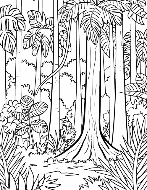 A jungle scene with tall trees, big leaves, and lots of plants everywhere