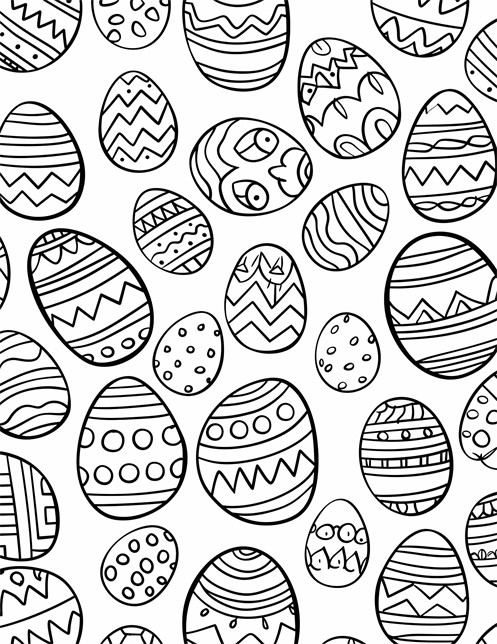 A bunch of Easter eggs with fun patterns, some have faces