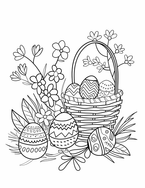 A basket filled with decorated Easter eggs, surrounded by flowers and leaves