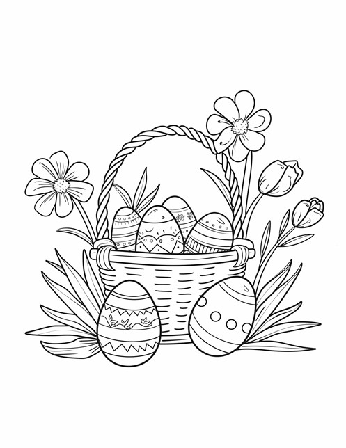 A basket of decorated Easter eggs surrounded by flowers and leaves