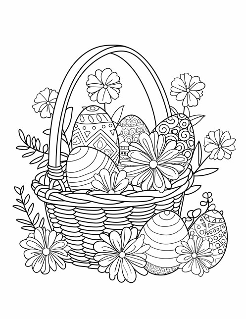 A basket filled with decorated Easter eggs surrounded by flowers and leaves