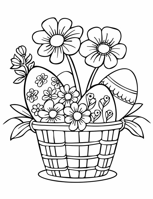 A basket filled with decorated Easter eggs and blooming flowers