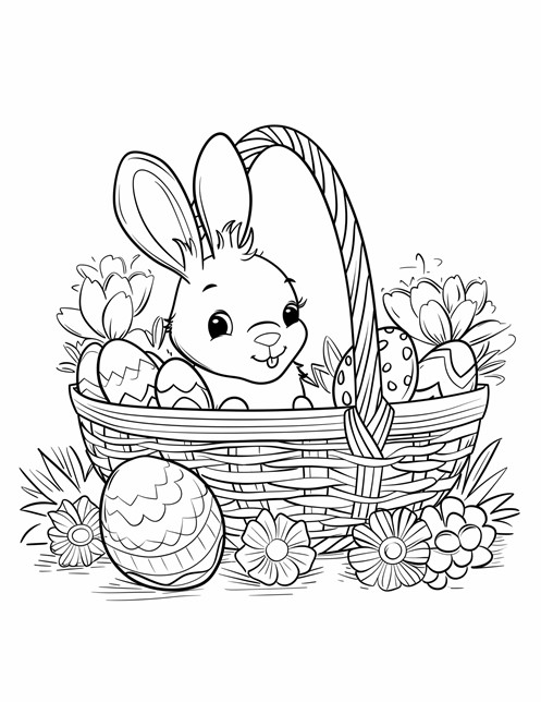 A cute bunny in a basket with Easter eggs and flowers around it