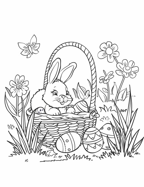 A happy bunny in a basket with Easter eggs, flowers, grass, and butterflies