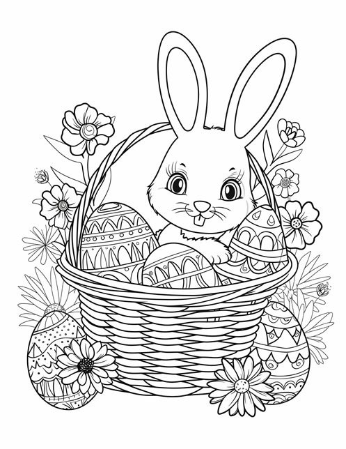 A cute bunny in a basket with decorated Easter eggs, surrounded by flowers