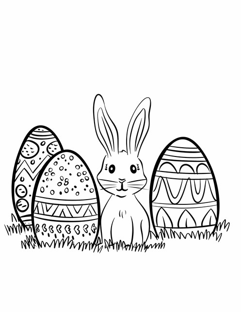 A bunny sitting in grass with three large decorated Easter eggs