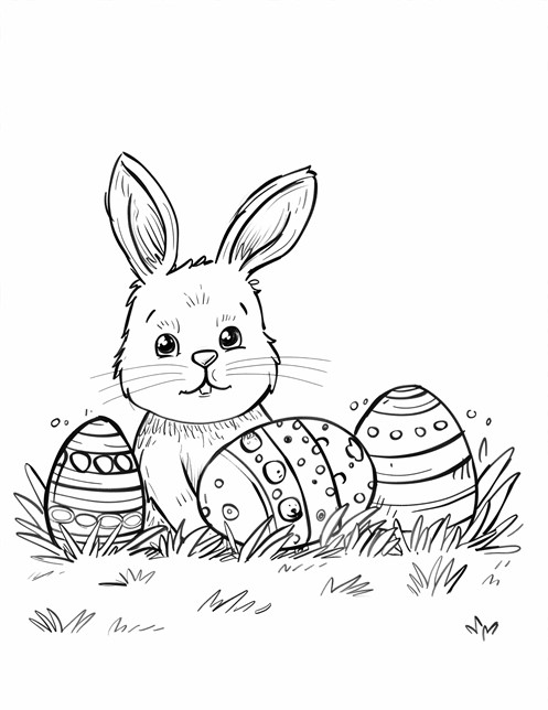 A cute bunny sitting in grass with three decorated Easter eggs nearby