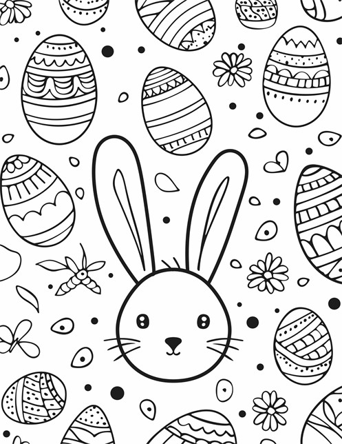 A cute bunny face surrounded by decorated Easter eggs, flowers, and tiny leaves