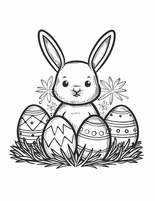 A cute bunny sitting in the grass with decorated Easter eggs and flowers around it