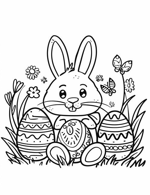 A happy bunny holding an Easter egg, surrounded by decorated eggs, flowers, and butterflies