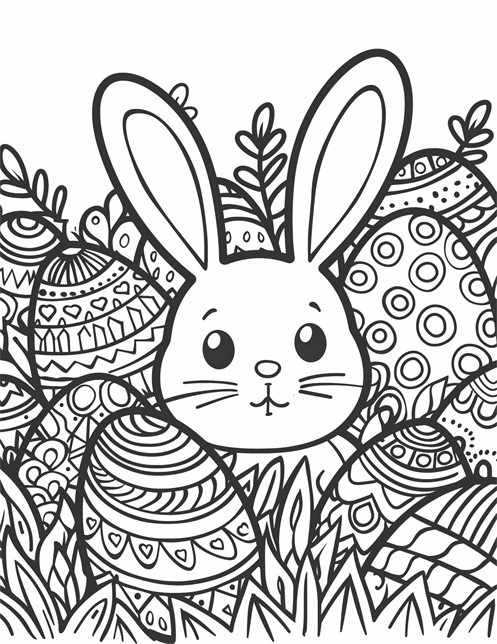 A cute bunny surrounded by lots of decorated Easter eggs and plants in the grass