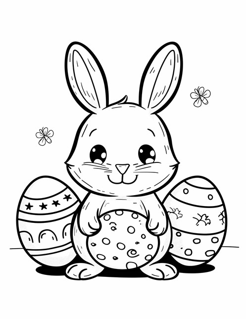 A happy bunny holding a decorated Easter egg, with two more eggs and flowers around it