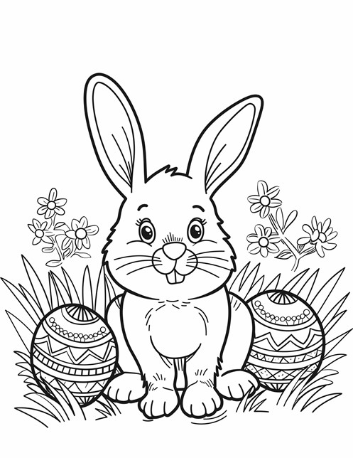 A cute bunny sitting in grass with decorated Easter eggs and flowers around it