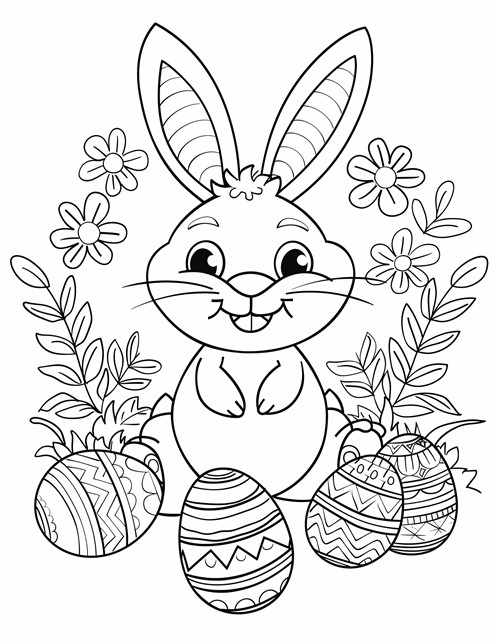 A happy bunny sitting with decorated Easter eggs, surrounded by flowers and leaves