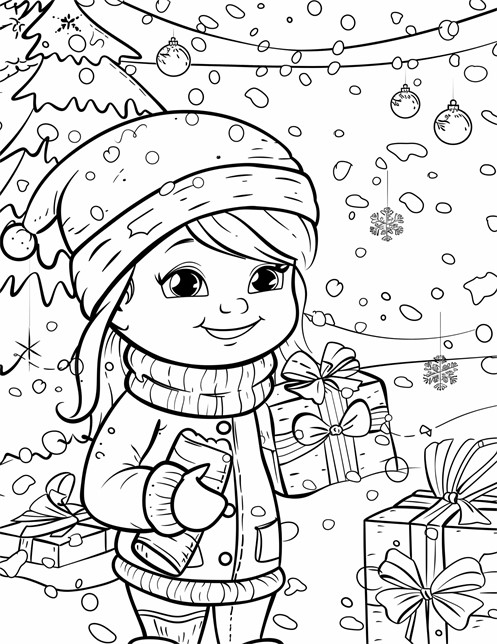 A smiling girl in winter clothes holding gifts, standing in the snow near a Christmas tree